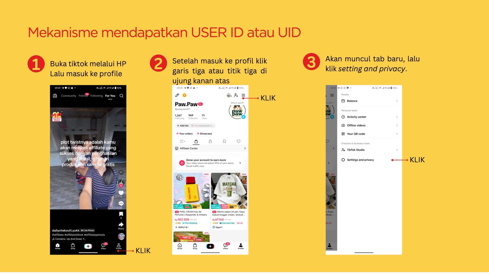Langkah 1 sampai 3: buka TikTok lalu masuk ke profil, ketuk menu garis tiga di kanan atas, lalu pilih Settings and privacy.
